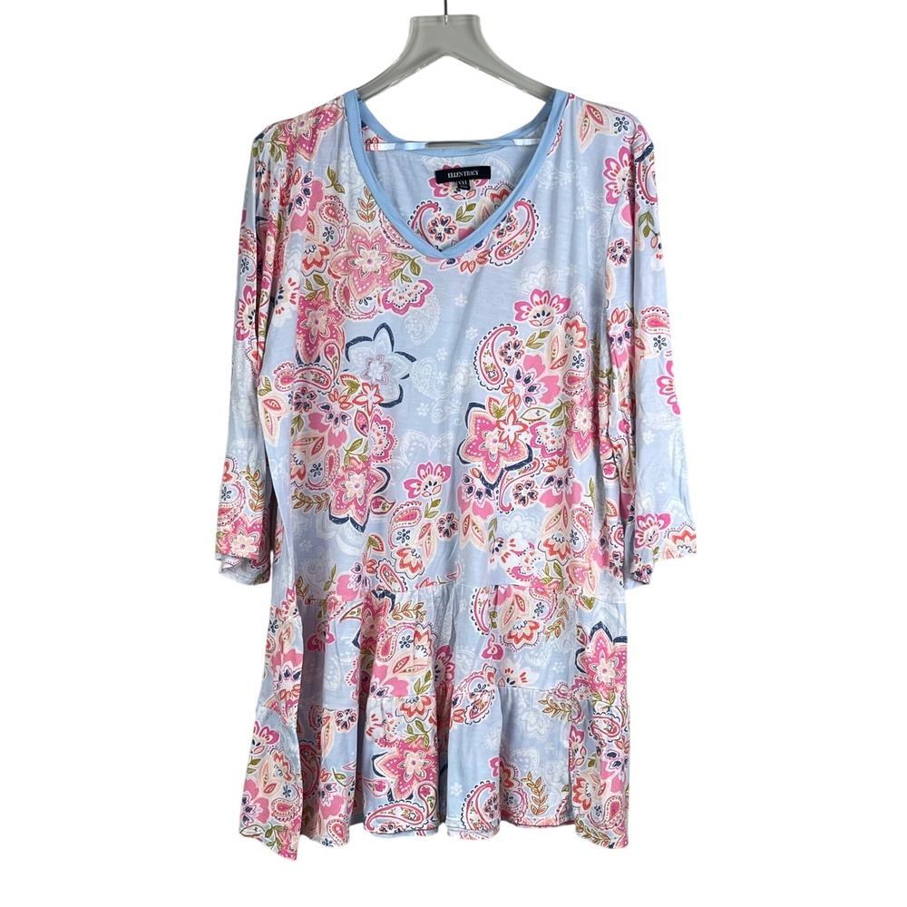 Ellen Tracy Nightgown XXL 3/4 Sleeve Tiered Paisley Floral Blue Cottage Cozy
